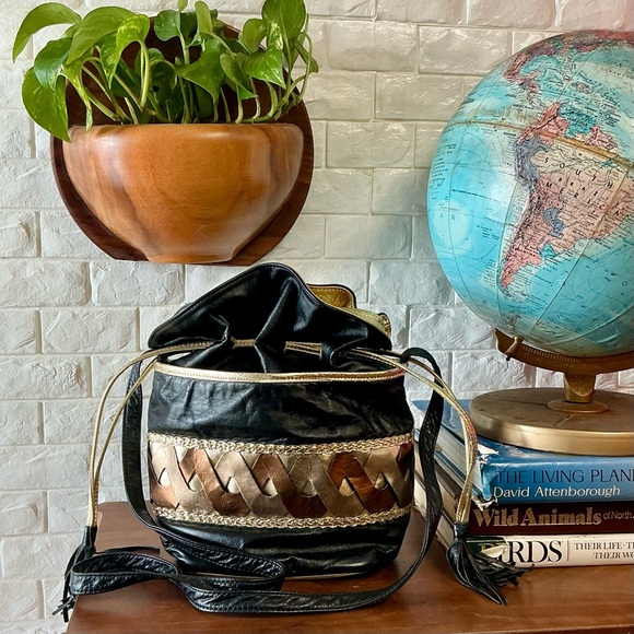 Vintage Handbags - Vintage 1980s 90s Leather Drawstring Bucket Bag Woven Patchwork + Tassel Detail